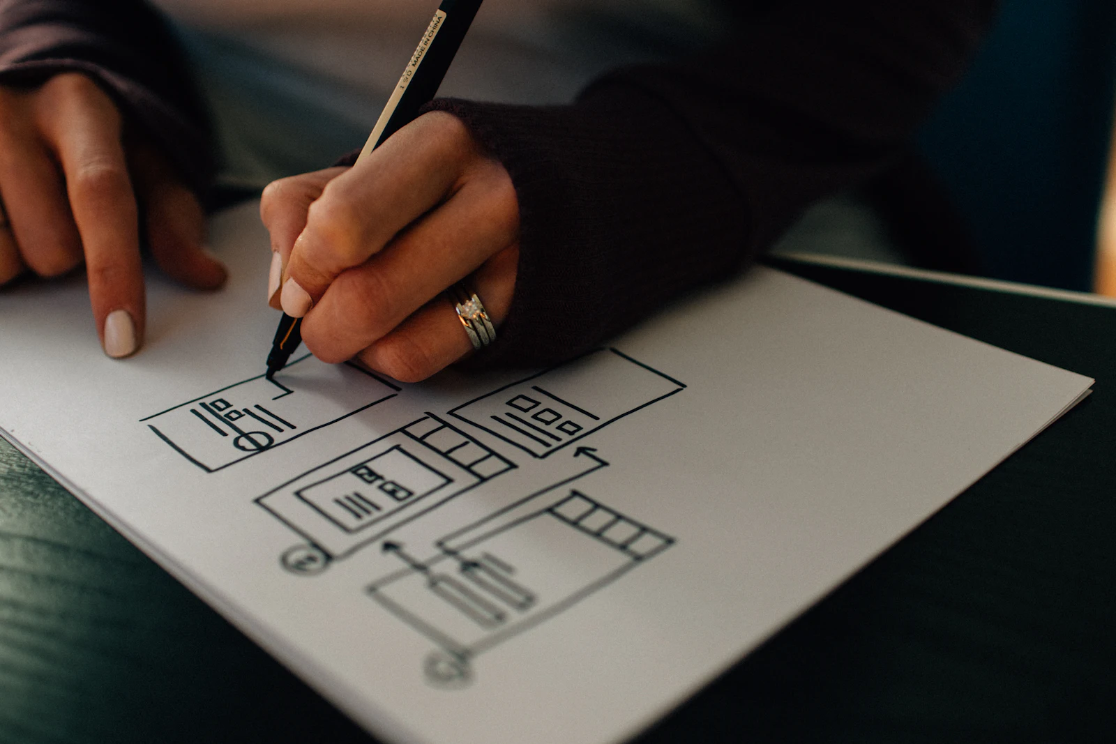 Des mains dessinent les premières interfaces d’une application.
